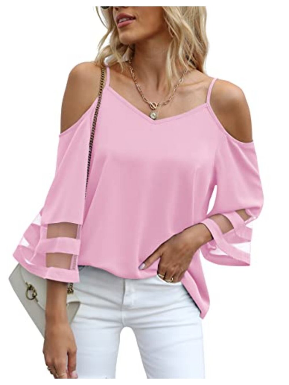 Womens Cold Shoulder Blouse Mesh Bell Sleeve Adjustable Spaghetti Strap Loose